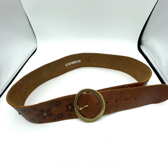 Express Womens Tooled Perforated Genuine Leather Belt Studded Floral Large Boho - Picture 1 of 6